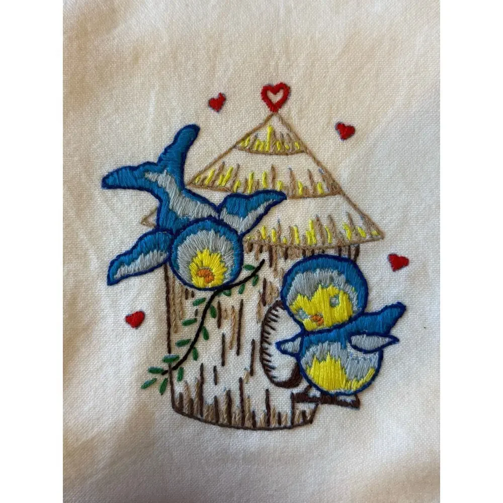 Vintage Embroidered Bird Hand Towel Dish Cloth Retro